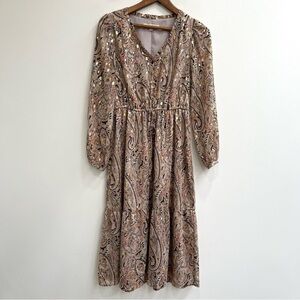 LOFT Metallic Shimmer Paisley V-Neck Midi Dress Long Sleeve Desert Clay Small